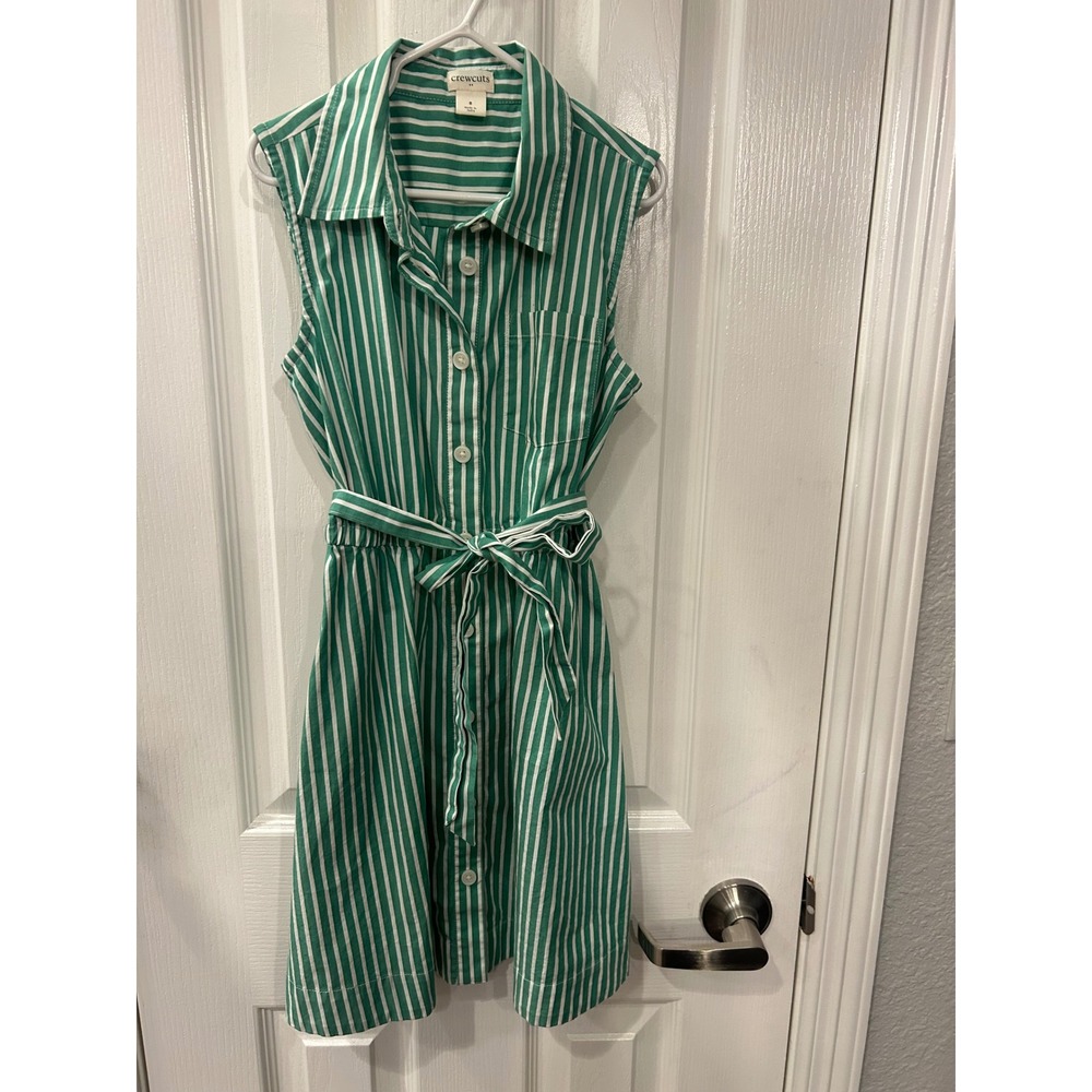 Crewcuts Shirt Dress Green White Striped Sleeveless Belted Button Front Kids 8
